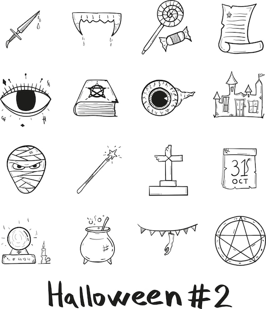 Vector hand drawn halloween mystical holiday icon set in doodle style.