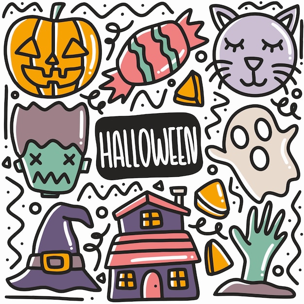 Doodle di festa di halloween disegnato a mano con icone ed elementi di design