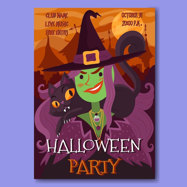 Hand drawn halloween party poster with witch