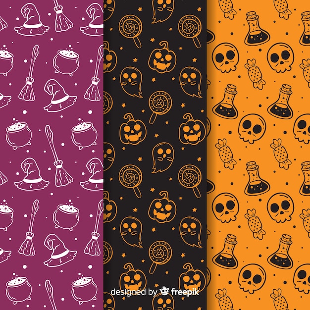 Vector hand drawn halloween pattern collection in negative