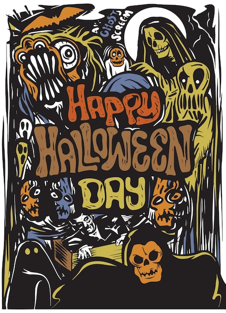 Hand drawn halloween poster, card, background.