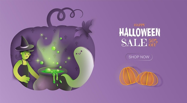 Hand drawn halloween sale promotion banner purple background with witch ghost and cauldron