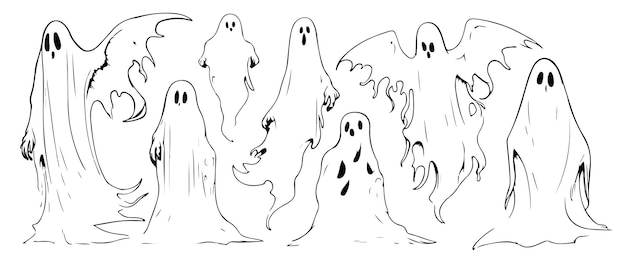 Hand drawn halloween scary flying ghost vector illustration abstract rustic spirit sketch holiday