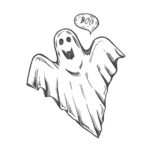 白い背景に分離された幽霊の手描きのハロウィーンの怖いスケッチ