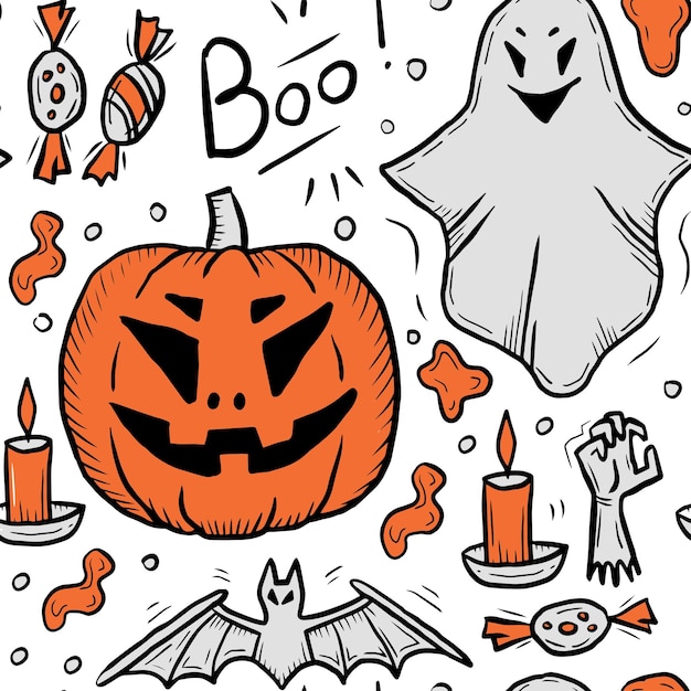 Hand drawn Halloween seamless pattern in trendy cartoon doodle style