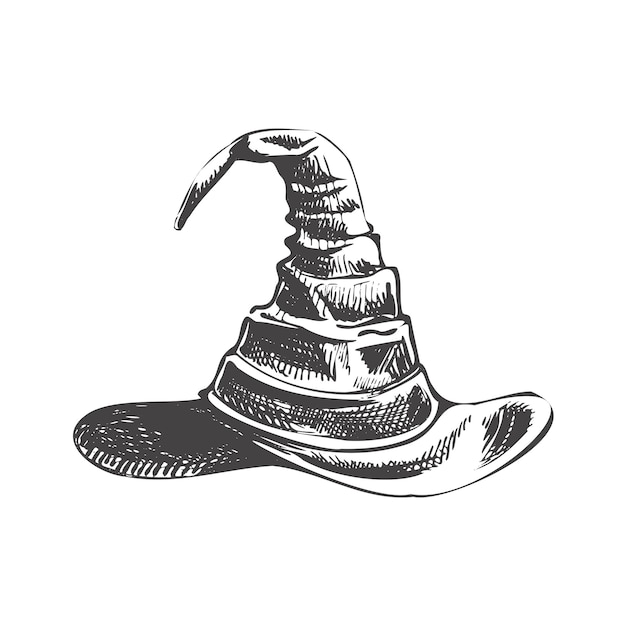 Hand drawn Halloween sketch of a witch's pointed hat isolated on white background