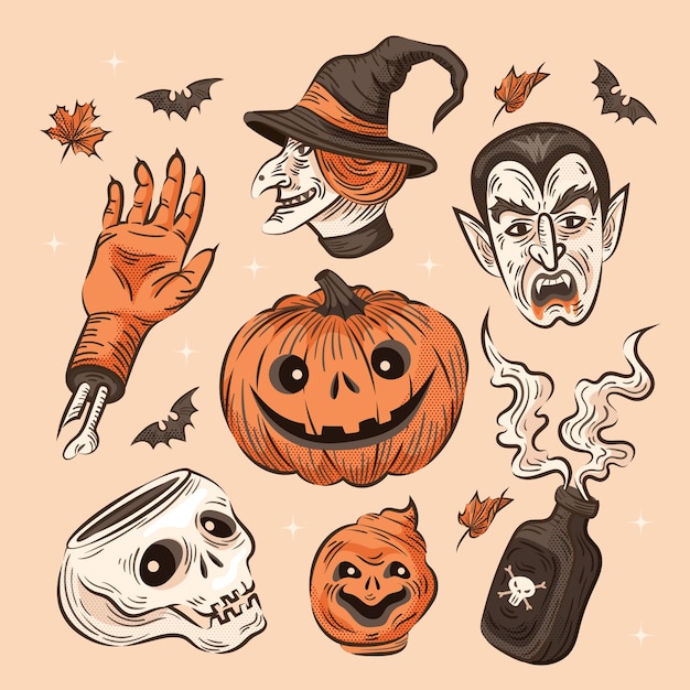 Vettore collezione di elementi vintage di halloween disegnati a mano