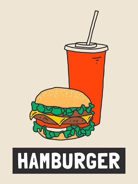 手描きハンバーガー、フライドポテトとコーラメニューイラストデザイン