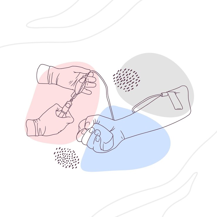 Vector hand drawn hand donating blood for world humanity day in line art style 2