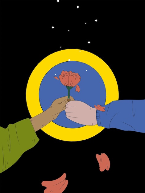 Mano disegnata a mano che distribuisce un fiore all'altro per dare sostegno all'ucraina pregare per la pace in ucraina fermare la guerra in ucraina sfondo di illustrazione vettoriale piatto