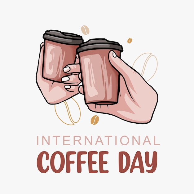 국제 커피의 날을 위해 손으로 그린 손으로 커피 컵을 들고