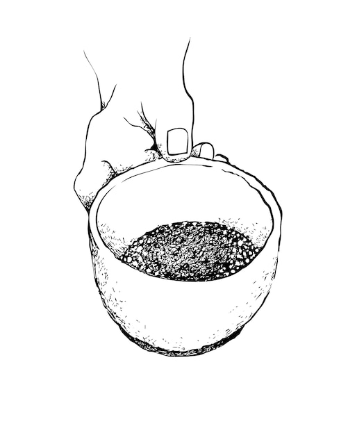 Vettore disegnato a mano della mano che tiene una tazza di caffè caldo