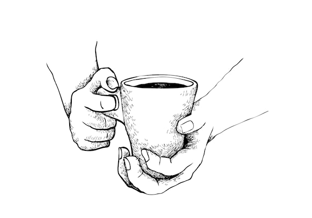 Hand drawn of hand holding a cup hot coffee