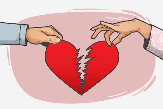 Рука нарисованная рукой мужчины и женщины сломать сердце вектор