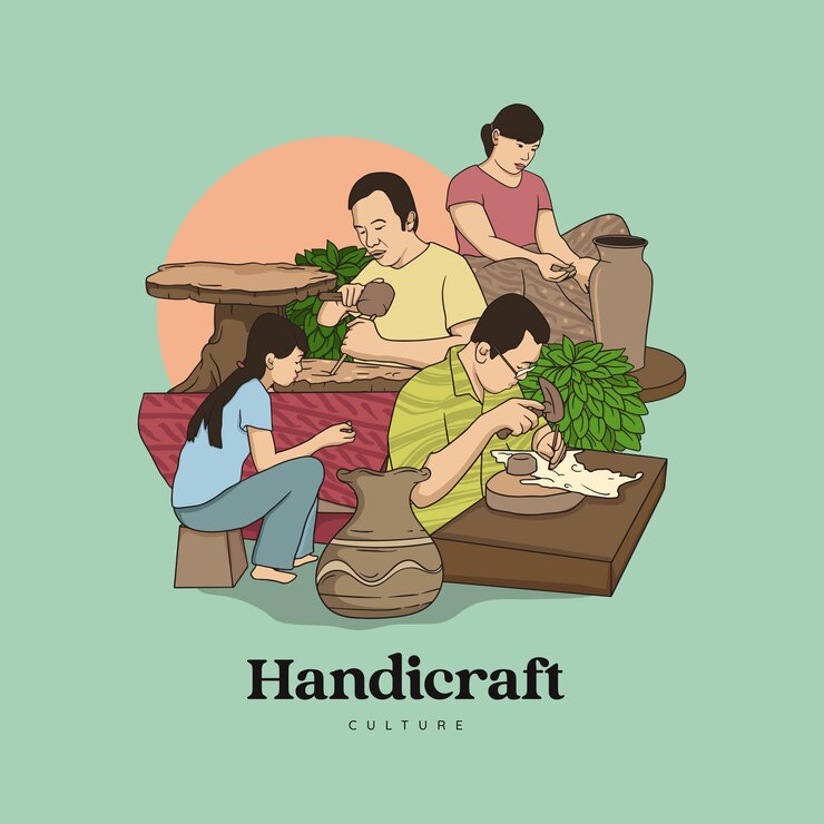 Vector hand drawn handicraft traditional culture. sculpture, pottery and puppet craftsman