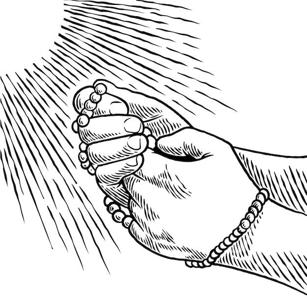 祈りの位置で折りたたまれた手描きの手信仰と希望を持って神への祈りヴィンテージスタイルの白い背景で隔離の手に数珠を持って祈る男ベクトルイラスト