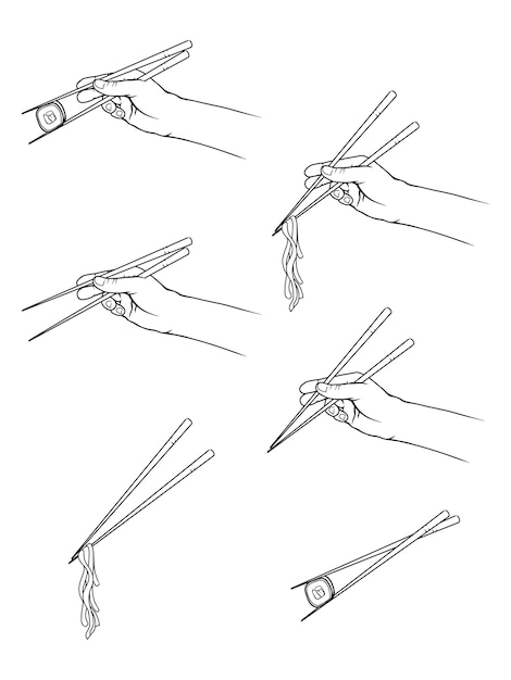 Hand drawn hands holding chopsticks with sushi, noodles. line art style