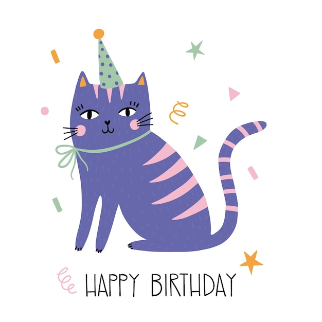 Hand drawn happy birthday card with funny cat with birthday cap and lettering Happy Birthday.
