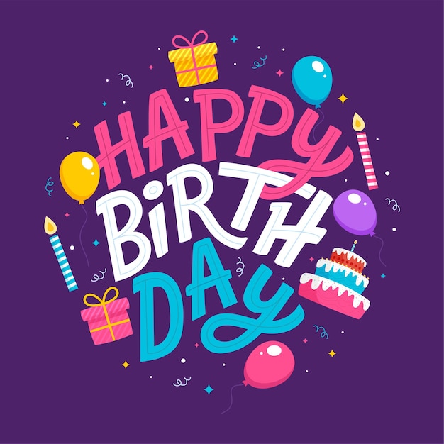 Vector hand drawn happy birthday lettering with balloons, confetti