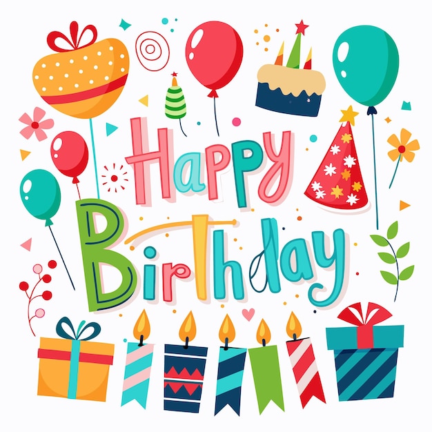 Vector hand drawn happy birthday lettering with confetti caps on white background