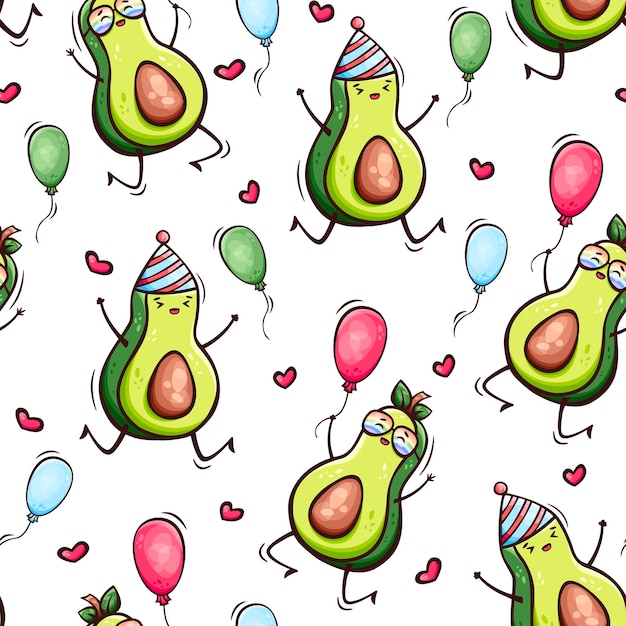 Vector hand drawn happy birthday seamless pattern with cute kawaii avocado and balloons in doodle style