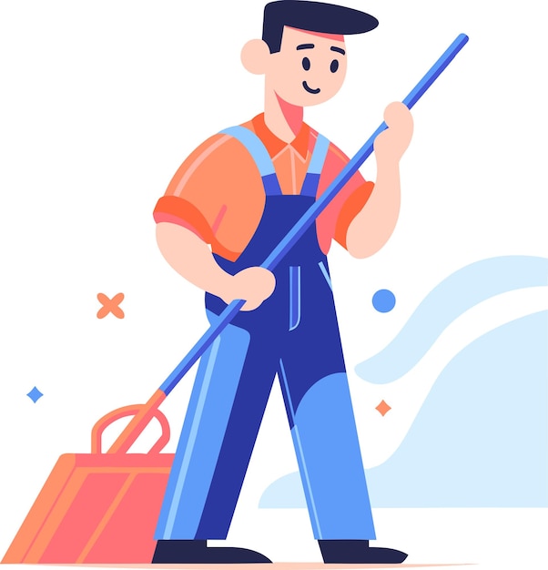 hand drawn happy cleaning staff is cleaning the floor in flat style isolated on background