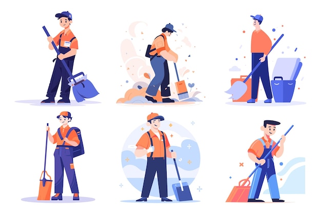 Hand Drawn happy cleaning staff is cleaning the floor in flat style isolated on background