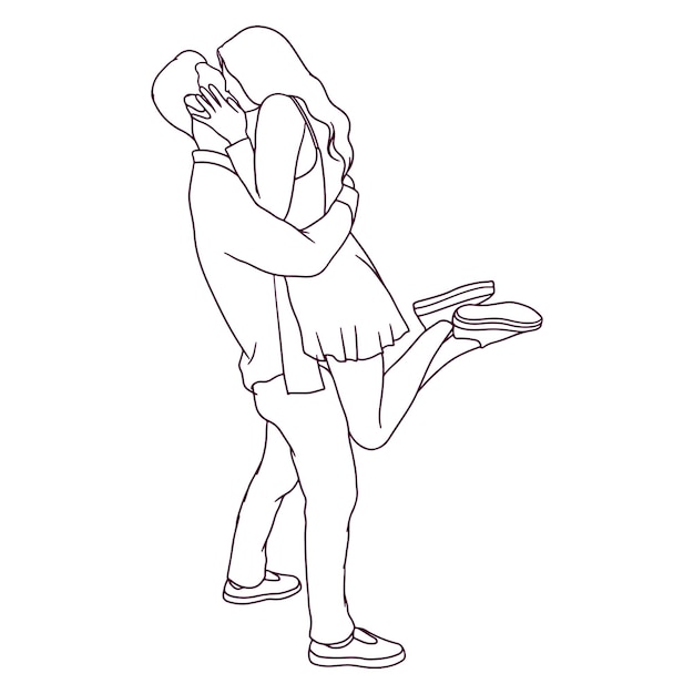 Hand drawn happy couple hugging and kissing illustration love concept