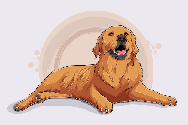 Vector hand drawn happy dog breed golden retriever lying in full length isolated on black background