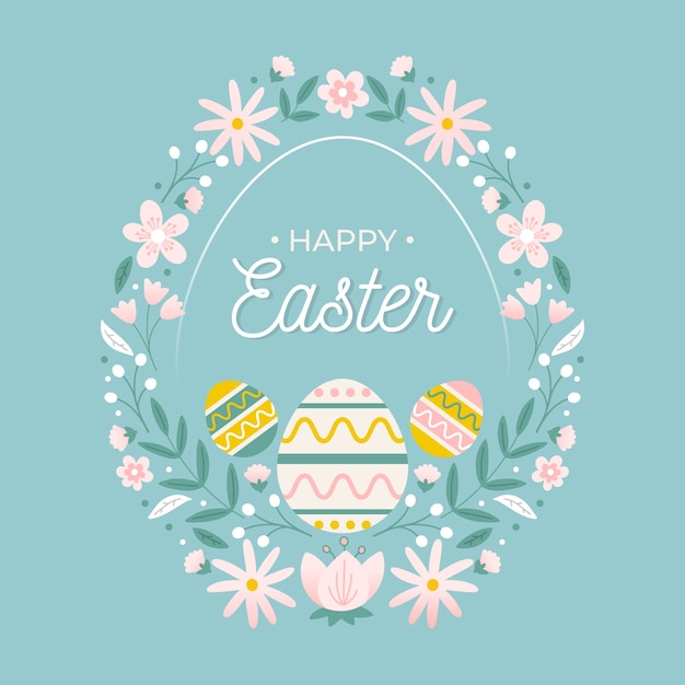 Vector hand drawn happy easter day eggs and wreath of flowers