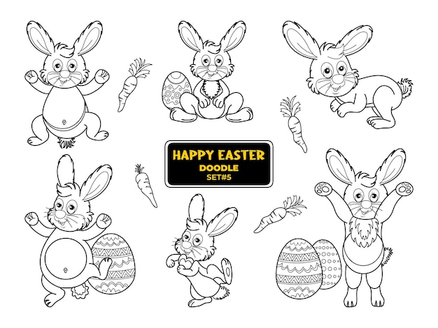 Hand drawn Happy easter doodle set Easter bunny eggs Carrot branches in line sketch style