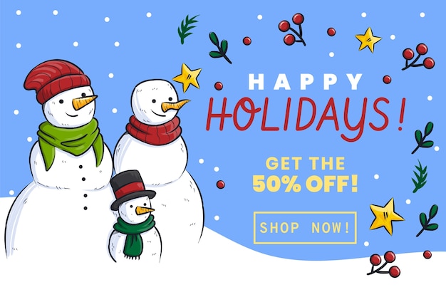 Vector hand drawn happy holidays horizontal banner