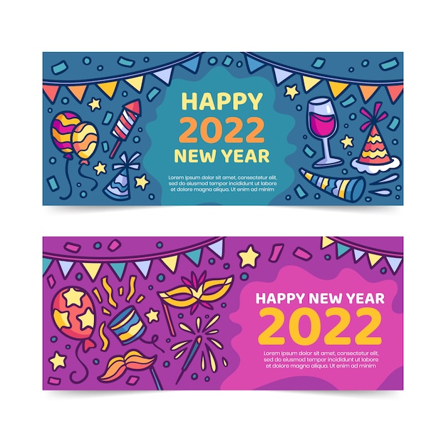 Vector hand drawn happy new year 2022 banners set