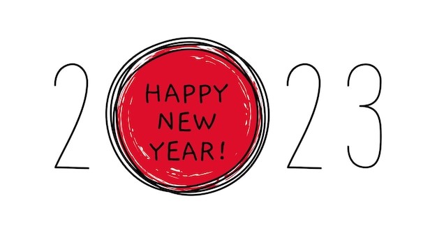 연도와 빨간색 잉크 원이 있는 손으로 그린 새해 복 많이 받으세요