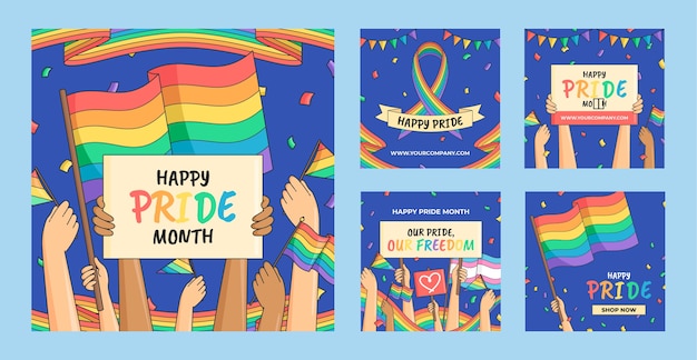 Vector hand drawn happy pride month instagram posts