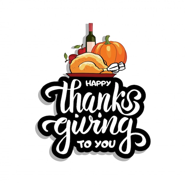 Disegnata a mano happy thanksgiving dinner tipografia concetto con autunno cibo e pennello lettering