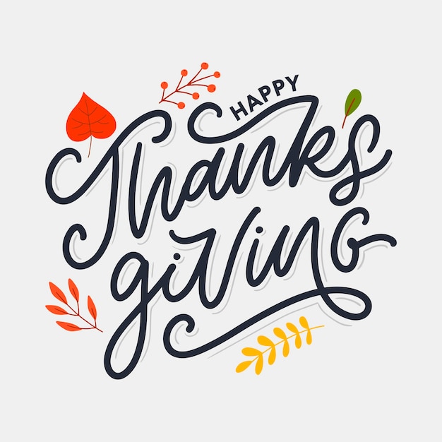 Hand drawn Happy Thanksgiving lettering typography poster. Celebration quotation for card, postcard, event icon logo or badge. Vector vintage autumn calligraphy. Grey Lettering with red maple leaves