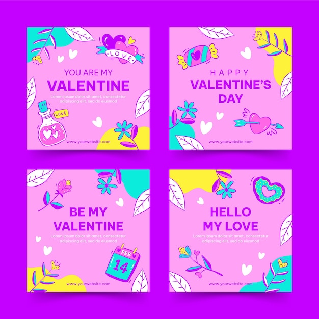 Hand drawn happy valentines day social media post collection