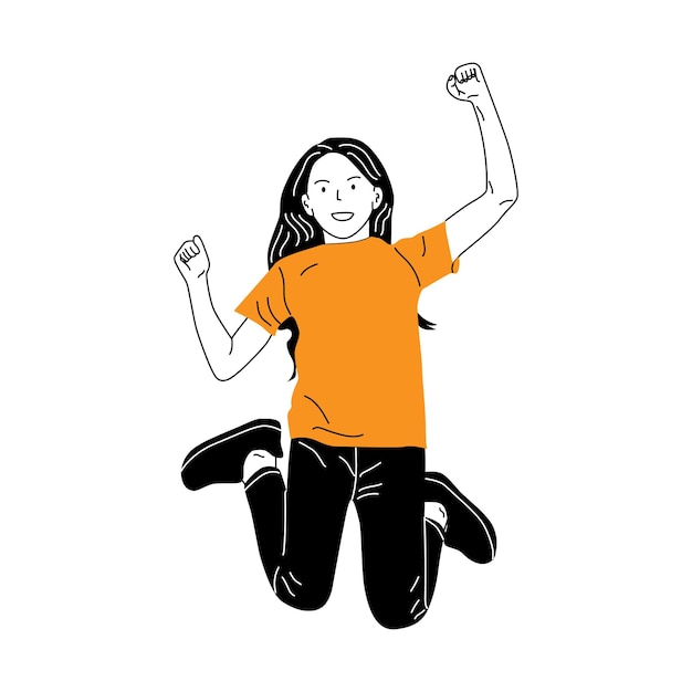 Vector hand drawn happy woman jumping and happy