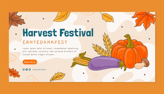 Hand drawn harvest festival banner template with leaves and vegetables