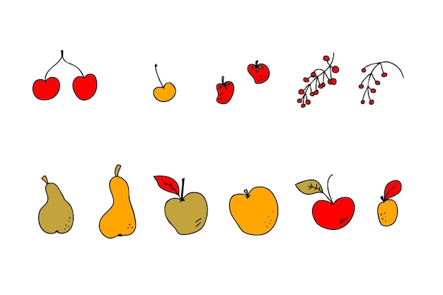 Hand drawn harvest fruits icons collection Perfect for poster stickers and print Doodle vector illustration for decor and design