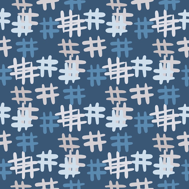 Hand drawn Hashtag icon seamless pattern. Simple style backdrop on blue background. Vector illustration