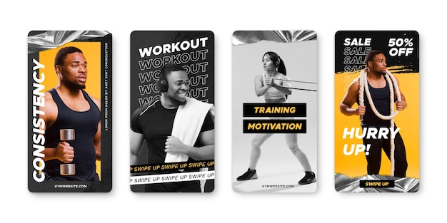 Hand drawn health and fitness instagram stories collection with photo