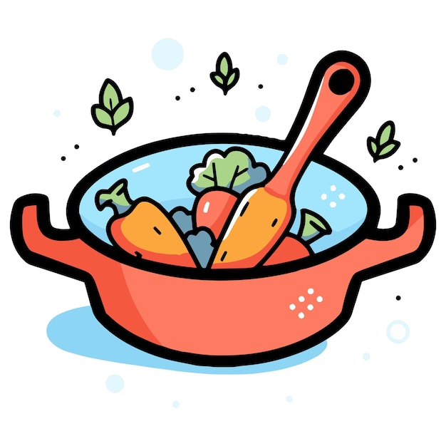 Vector hand drawn healthy food in the pan in doodle style