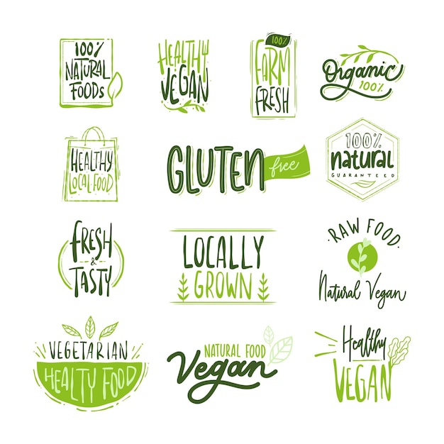 Hand drawn healthy natural vegetarian label tag collection