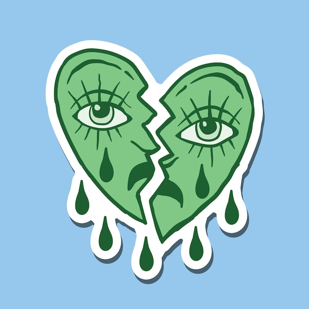 Vector hand drawn heart face cry vintage doodle illustration for stickers poster etc