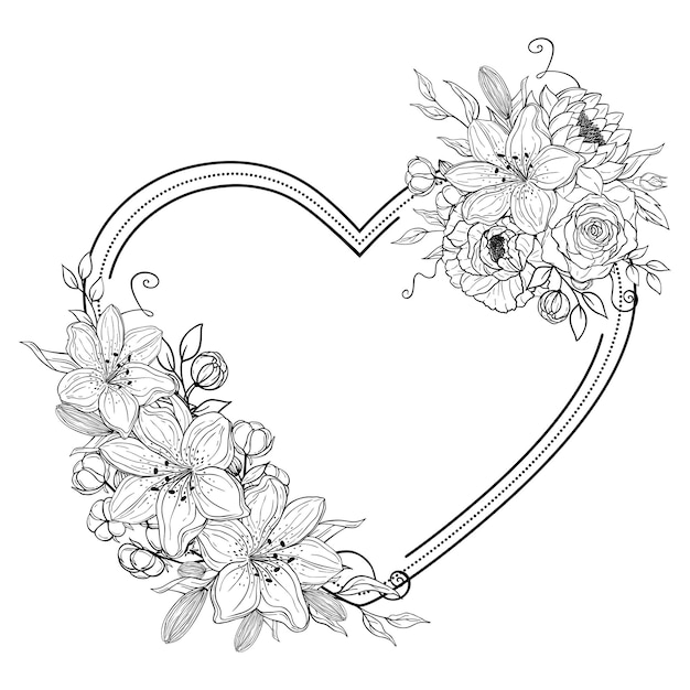 Cuore disegnato a mano di fiori. ornamento romantico floreale decorativo di primavera. illustrazione vettoriale isolato su sfondo bianco