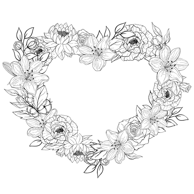 Cuore disegnato a mano di fiori e foglie. ornamento romantico floreale decorativo di primavera. illustrazione vettoriale isolato su sfondo bianco