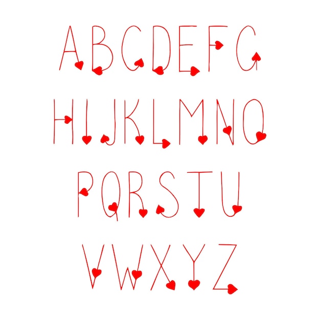 Hand drawn heart font. Love Vector Hand drawn English Alphabet. Cartoon Doodle style. Clipart isolated letters with heart decor. Cute alphabet for banners, invitations, greeting valentine s day.