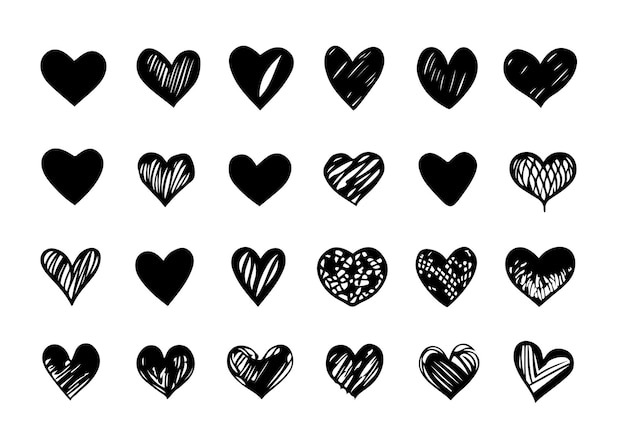 Hand drawn heart hearts love valentines day doodle scribble black line art sketch icon set vector